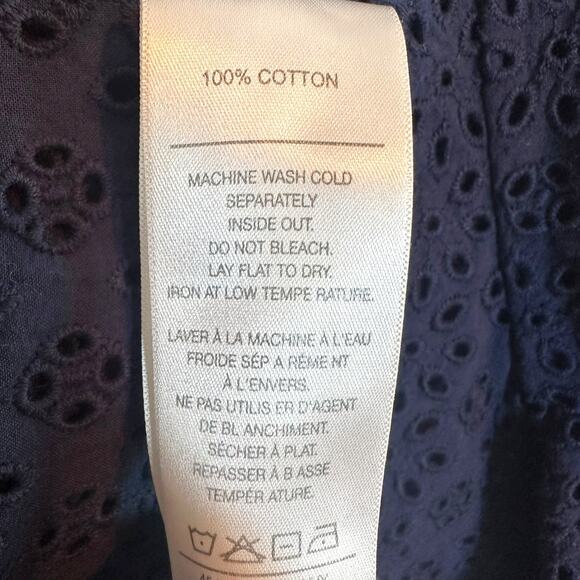 Joe's Jeans Navy Eyelet Flared Sleeve Cotton Blouse XL Cottagecore Chic - Picture 11 of 14